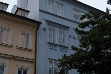 Önünde göze çarpan bir ağacın yanında önemli sayıda pencere bulunan büyük bir mimari yapı.