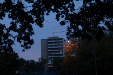 Uzun, etkileyici bir bina gece çok güzel aydınlatılıyor, ön planda belirgin ağaçlarla parıldıyor, büyüleyici bir sahne yaratıyor.