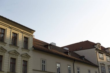 An urban scene features historic building facades with charming sloped roofs, set against a clear blue sky that highlights their intricate architectural design and unique style clipart