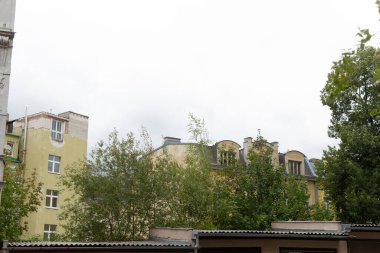 Çok sayıda penceresi olan büyük bir bina, etrafında güzel bir doğal manzara sağlayan çeşitli ağaçlarla çevrilidir.