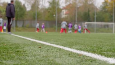 Bokeh etkisi, teknik direktör, spor sahasında saha kenarında çalışıyor. Genç futbolcular, çimenli bir sahada antrenman yapıyor ve sporu seviyor. 