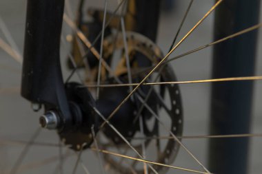 Bu resim, belirgin bir disk fren mekanizması gösteren bisiklet tekerleğinin ayrıntılı bir yakın çekimini içeriyor, tasarımı ve işlevini gösteren