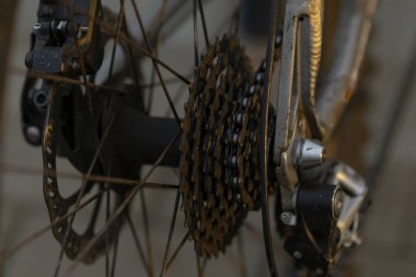 Bu resim, üzerinde belirgin bir zincir bulunan bir bisiklet tekerine odaklanmış ayrıntılı bir yakın çekim görüntüsü sunar.