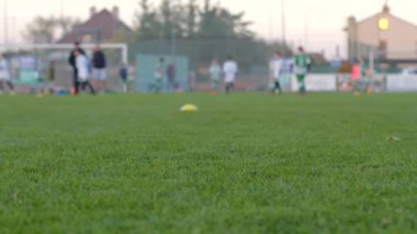 Sahne, yeşil renkli konilerle çevrili yemyeşil bir alanda pratik yapan hevesli genç futbolcuları gösteriyor. Hepsi de sıcak akşam ışığı ile aydınlatılmış ve davetkar bir atmosfer yaratıyor.