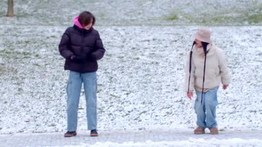 İki neşeli insan, karlı bir parkın tadını çıkarıyor. Keşfedilmesi gereken güzel bir kış harikalar diyarı yaratıyorlar.