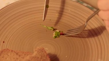 Bir dilim ekmeğin yanında küçük bir parça yeşillik sergilenen boş bir tabak.