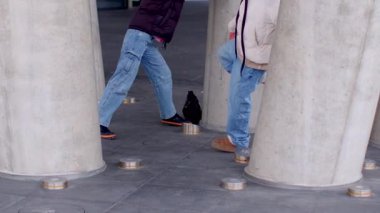 İki birey hareketli bir şehir ortamında geniş beton sütunların yanında rahatça yürüyor.