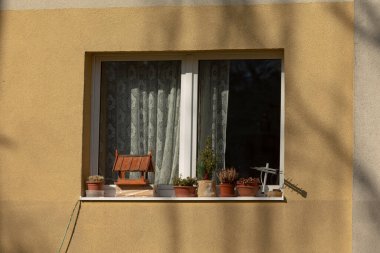 Bir kuş besleyicisi ile süslenmiş güzel bir pencere ve pervazına dikkatlice yerleştirilmiş saksı bitkileri, canlı bir ekran oluşturur.