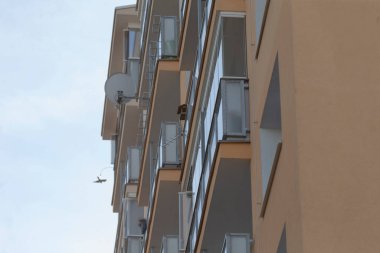 Sayısız geniş balkonlarla süslenmiş yüksek bir bina ve yukarıdaki açık mavi gökyüzünde zarif bir şekilde süzülen bir kuş, sahnenin özünü ve dinginliğini yakalıyor.