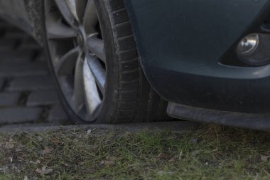 Arka planda çimen olan bir kaldırıma dayanan bir lastik, ortak bir park senaryosunu betimliyor.