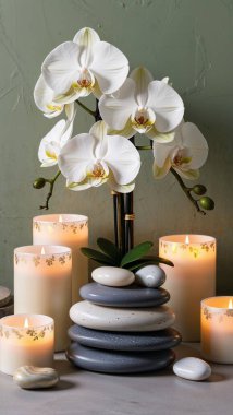 Masanın üzerinde mumlar ve çiçekler olan güzel bir kompozisyon. spa tedavisi