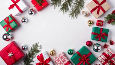 Kırmızı kurdeleli bir Noel hediyesi kutusu diğer hediye kutularının arasında duruyor.