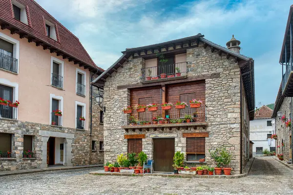 stock image town called Hecho in Aragon. Hecho Valley.