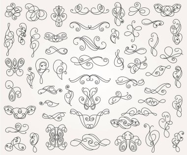 Tasarım için dekoratif elementler seti izole, düzenlenebilir. En büyük ve en iyi dekoratif öğeler koleksiyonundan. Kitap, tebrik kartı, düğün davetiyesi. Doğrusal tasarım..