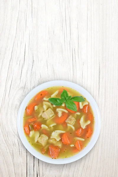Top View Warm Home Cooked Chicken Noodle Soup Fresh Carrots — Stock Photo, Image