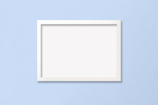 A4 white horizontal frame with empty poster against a baby blue background. Includes clipping path to make it easy to add your design to the frame.