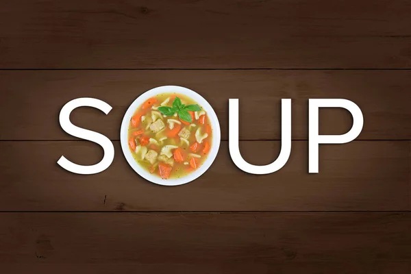 Word Soup Spelled Out Home Cooked Bowl Chicken Noodle Soup — Stock Photo, Image