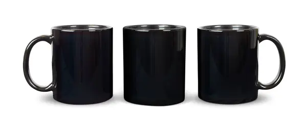 Tres Tazas Negras Brillantes Sentadas Audazmente Sobre Fondo Blanco Con — Foto de Stock