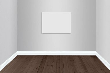 Modern bir odanın fotoğrafı. Duvarında boş bir tuval var. Tablolarınla doldurman için. Çağdaş ahşap zemin ve açık gri duvarlar içerir.