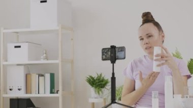 Cosmetologist blogger is making publicity. High quality 4k footage