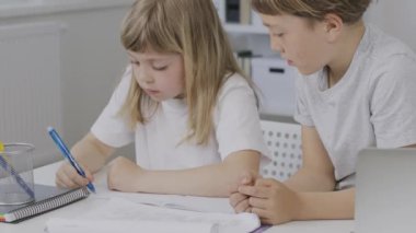 Boy of 9 years old helps his younger sister to make her homework. High quality 4k footage