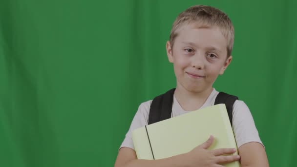 緑の背景にバックパックとフォルダで9年の笑顔の男の子 高品質4K映像 — ストック動画