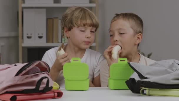 男孩和女孩正在餐桌边吃他们的零食 高质量的4K镜头 — 图库视频影像