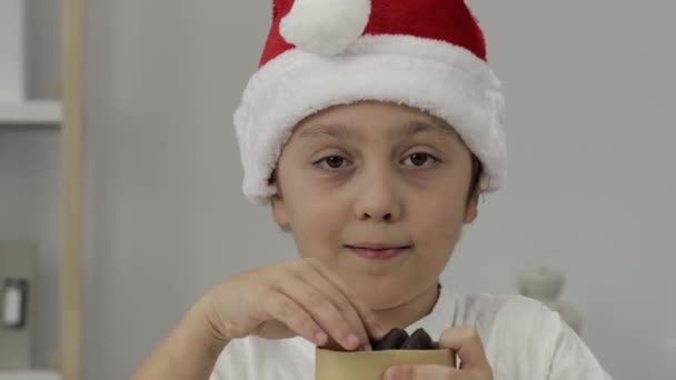 Menino Anos Chapéu Pai Natal Está Comendo Pão Gengibre Fecha — Vídeo de Stock