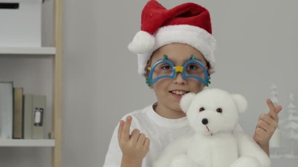Boy Years Santas Hat Calls Someone Closeup High Quality Footage — Stock Video