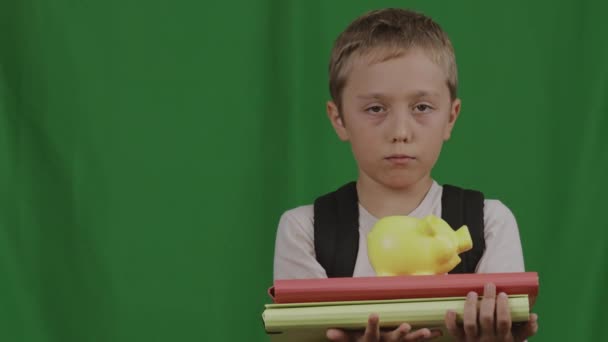 9岁男孩 背着背包和绿色背景的文件夹 高质量的4K镜头 — 图库视频影像