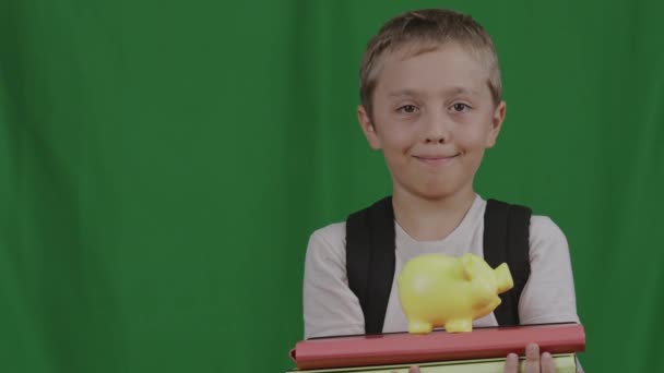 Menino Anos Com Uma Mochila Pastas Fundo Verde Imagens Alta — Vídeo de Stock