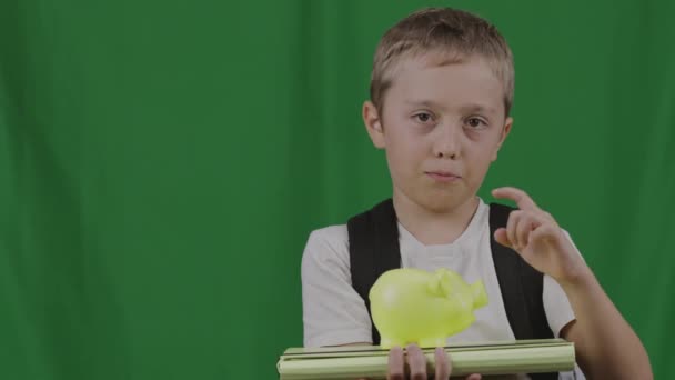 Хлопчик Років Рюкзаком Папками Зеленому Тлі Високоякісні Кадри — стокове відео