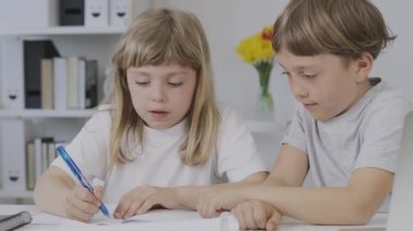 Boy of 9 years old helps his younger sister to make her homework. High quality 4k footage