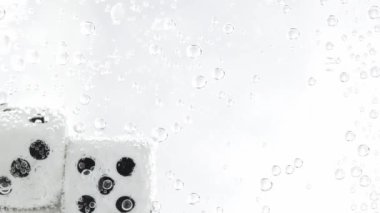 White dices falling in the water. Slow motion. High quality 4k footage