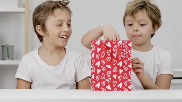 Boy Gives Present Girl Red Bag High Quality Footage — Stockvideo