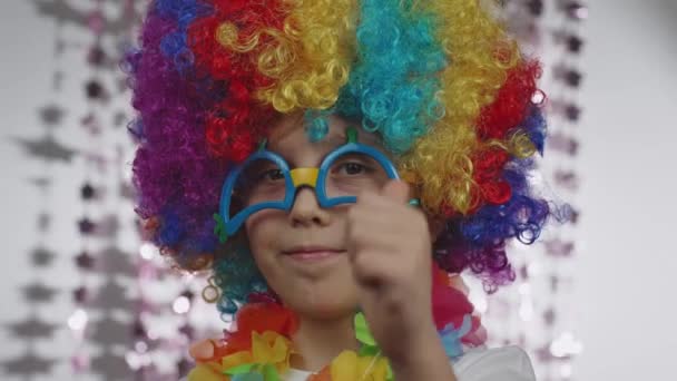 Boy Years Old Dressed Clowns Wig Eyeglasses Shows His Thumb — Wideo stockowe