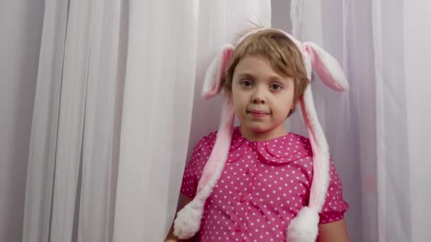 Girl Years Old Dressed Pink Dress Easter Bunny Ears High — Stockvideo