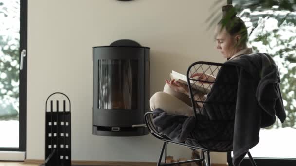 Female Sits Armchair Close Real Chimney Reads Book High Quality — Stock Video