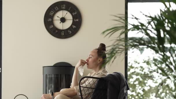 Stressed Female Sits Armchair Close Real Chimney High Quality Footage — Stock Video