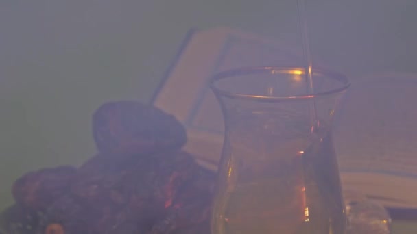 Poured Tea Glass Dates Silver Plate Green Screen Vertical Shot — Stockvideo