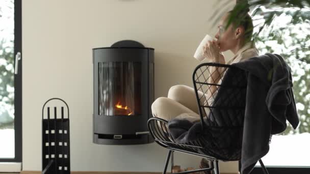 Female Sits Armchair Close Real Chimney Drinks Cup Hot Tea — Stock Video