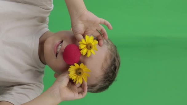 Face Funny Boy Years Red Nose Yellow Daisies Green Screen — Stockvideo