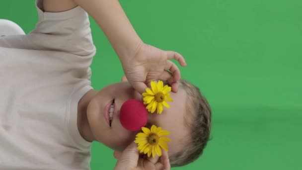 Обличчя Смішного Хлопчика Років Червоним Носом Жовтими Ромашками Зелений Фон — стокове відео