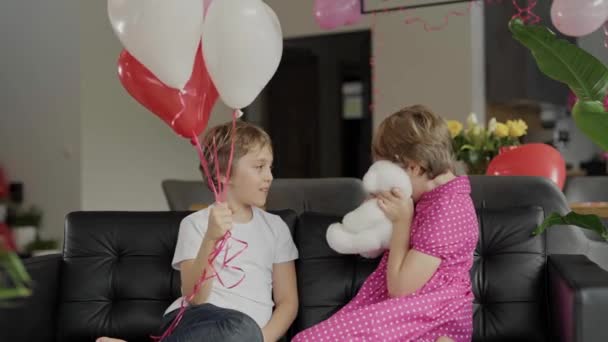 Boy Girl Sitting Sofa Decorated Room Valentines Day High Quality — Stock Video