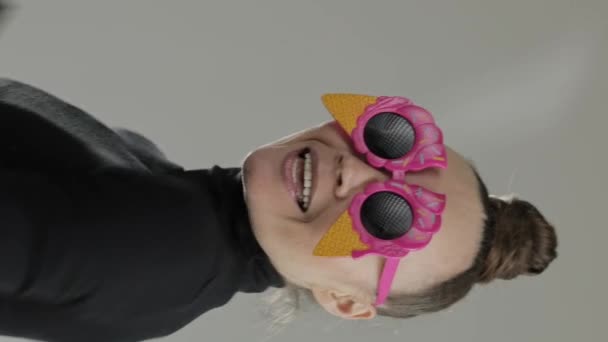 Funny European Female Years Dances Ice Cream Shape Eyeglasses High — Stock Video
