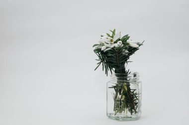 Beyaz arka planda vazoda bir buket bahar çiçeği.