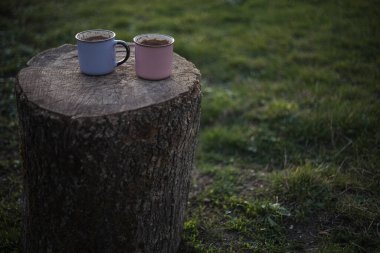 Bahçedeki ahşap bir masada bir fincan kahve duruyor.