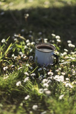 Güneşli bir günde, içinde kahve ve çay olan metal bir bardak ahşap bir platformda oturuyor..