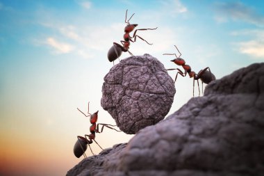Karıncalar tepedeki ağır kayaları itiyor. Takım çalışması konsepti. 3 Boyutlu resimleme.