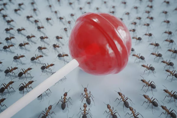 Many Hungry Ants Eating Lollipop Rendered Illustration — Stock Photo, Image